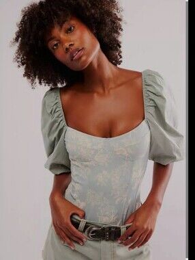 FREE PEOPLE INTIMATELY SAGE GREEN PRAIRIE ROSE TOILE PRINT CORSET BODYSUIT, XS
